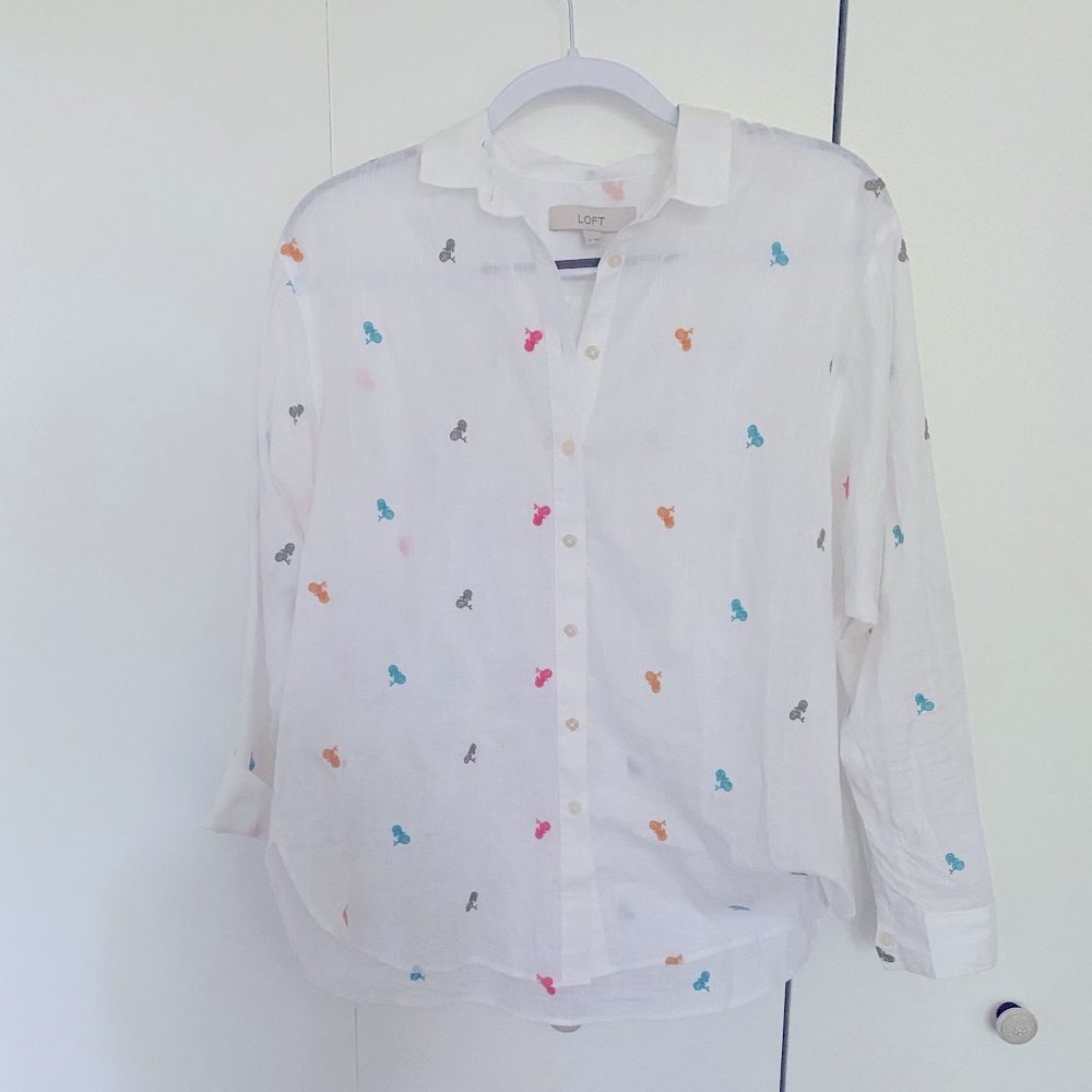 LOFT white linen button-down, bike pattern, size S